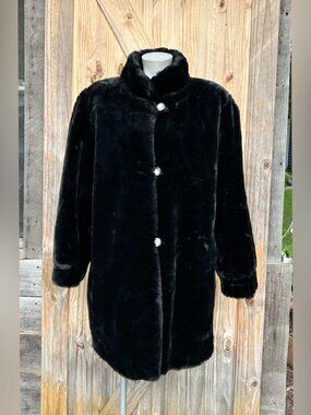 Vintage Timothy Daniels Black Reversible Mid Length Faux Fur Coat~L~